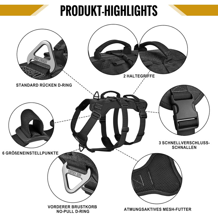 Шлейка для собак OneTigris T-Bone, тактична, з двома ручками, чорна, M (14-27 кг)