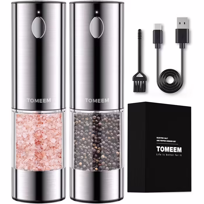 Electric Salt and Pepper Grinder Set of 2 with Stainless Steel Adjustable Ceramic Grinder, USB Rechargeable Salt and Pepper Mill, Electric Spice Grinder, LED Lighting, with Brush, Wooden Spoon