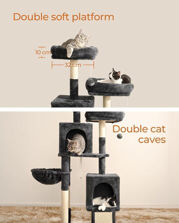 Кігтеточка для котів FourFurPets 156 см, з драбиною з сизалю, 2 платформи, 2 печери, гамак, іграшки, сірий