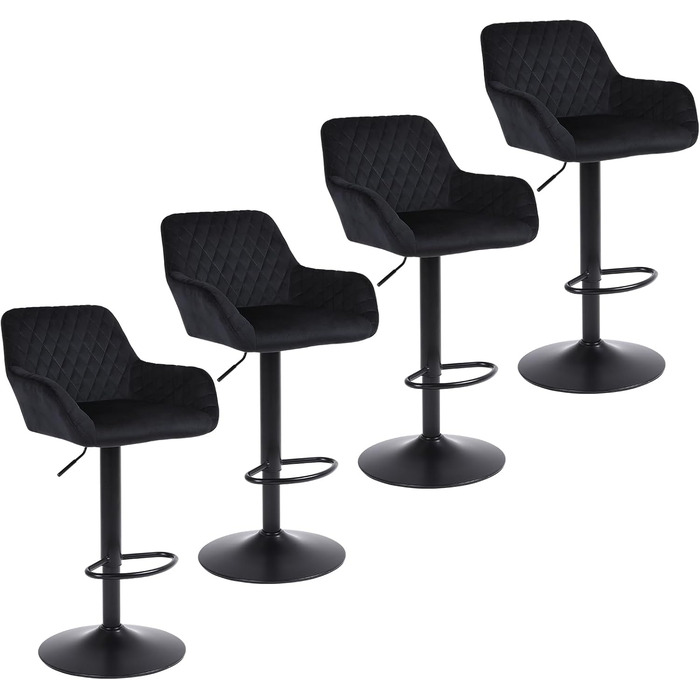 Ralex Velvet Bar Stools 2-Pack - Adjustable Swivel Bar Chairs with Backrest & Armrests for Kitchen, Bar & Counter - Black