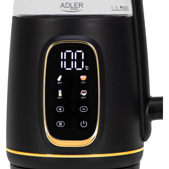 Електричний чайник Adler з регулюванням температури 2200W, 1.7L з LED-дисплеєм та сенсорною панеллю, 5 температурних програм, функція підтримання тепла, фільтр, чорний, золотий