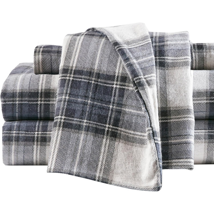 Comfort Spaces Cotton Flannel Sheet Set with Pillowcases, Breathable, Warm, Deep Pocket, for King Size Beds, Blue Tartan, Scottish Plaid Pattern, 4-Piece