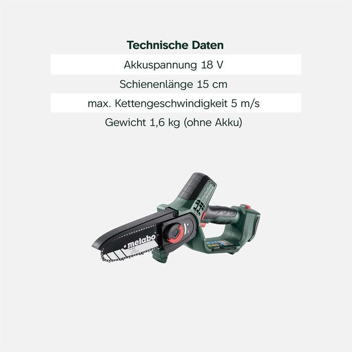 Акумуляторна сучкоріз Metabo MS 18 LTX 15 (18V) для обрізки дерев, шина 15 см, без АКБ та зарядного пристрою, у кейсі metaBOX