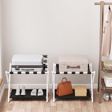 Smuxee Walnut Bamboo Luggage Rack for Guest Rooms, Folding Suitcase Stand with Storage Shelf, Lightweight Assembled Luggage Rack with 5 Nylon Straps for Guest Room Bedroom Hotel (White)