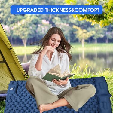 Надувний килимок для кемпінгу Mumisuto Isomatte на 2 особи з самонадуваванням, з насосом-пресом та подушкою, 196 x 125 x 9 см, блакитний