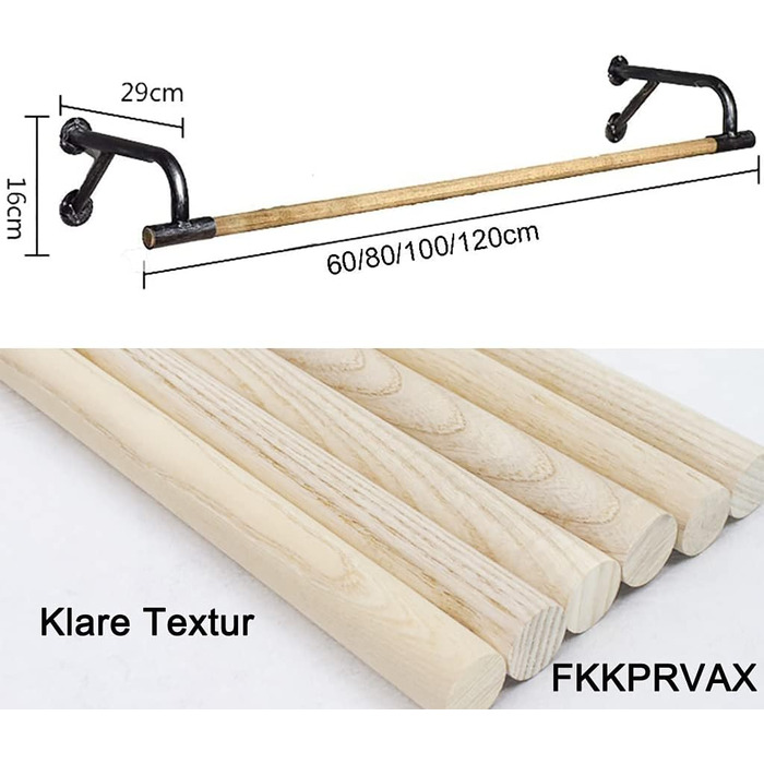 Wooden wall panel dresses a hanging rod, industrial clothes rack, clothing display rack for retail clothing - 120x29x16cm
