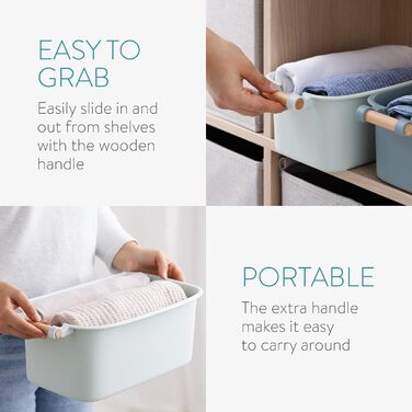 Navaris 4x Storage Box Storage Crate with Wooden Handle - Plastic Box Organizer for Storage - Container Box for Bathroom Kitchen