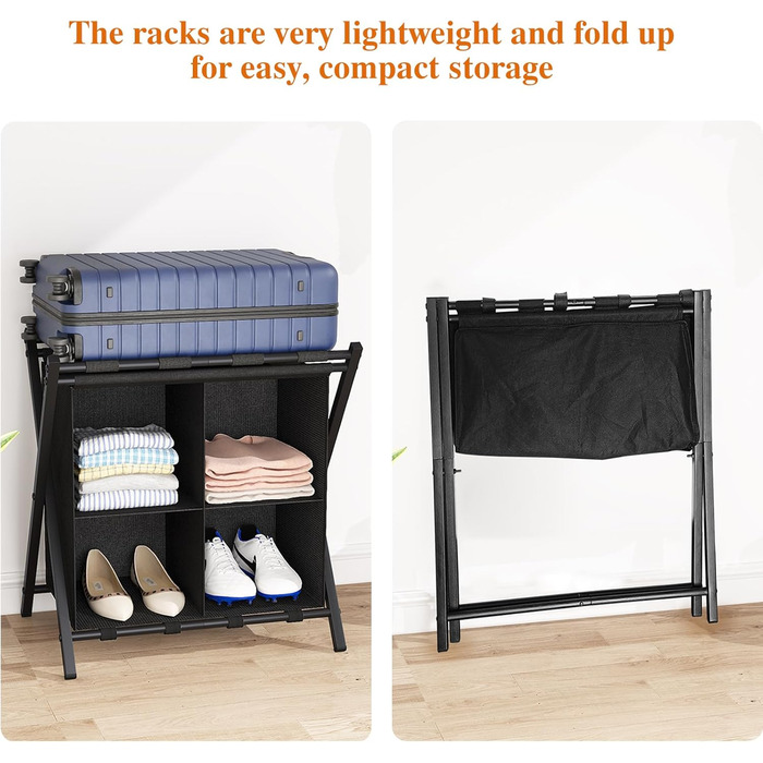 ABOXOO 2-Pack Luggage Rack with Storage, Guest Room, Folding, Holds up to 54.4 kg, Space-Saving Suitcase Rack for Guest Rooms, Bedrooms, Hotels, Black