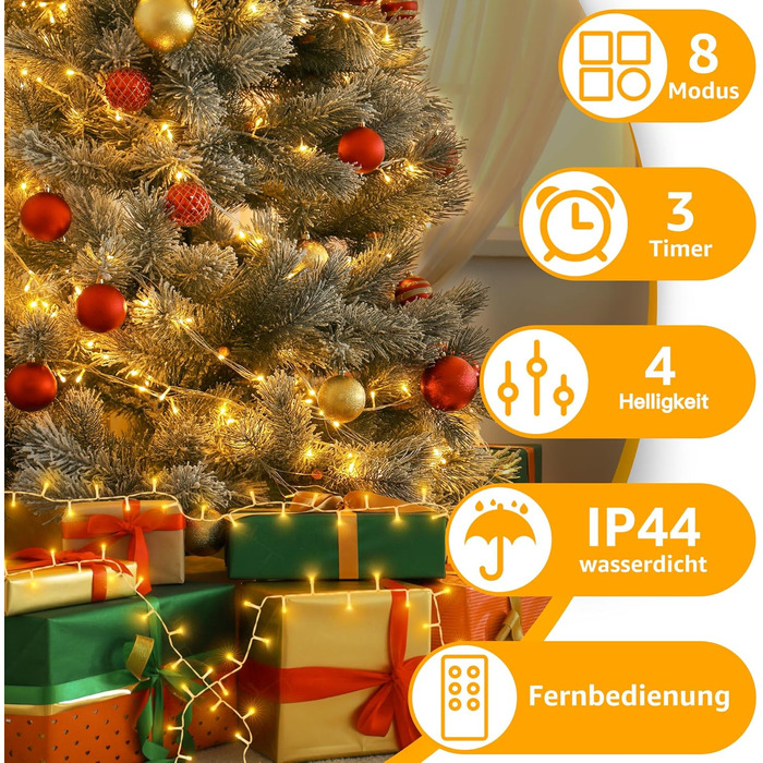 Ланцюжок прикрас Ollny 20м, 200 LED, з пультом та таймером, 8 режимів, IP44, теплий білий