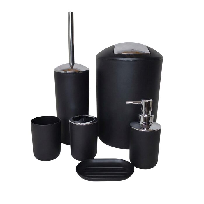 Набір для ванної кімнати 6 предметів, чорний: аксесуари для ванної, туалетний набір, кошик для сміття, стакан для зубних щіток, мильниця, дозатор для мила - пластик