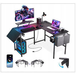 Кутовий ігровий стіл з підставкою під монітор, USB-портами, LED-підсвіткою та аксесуарами