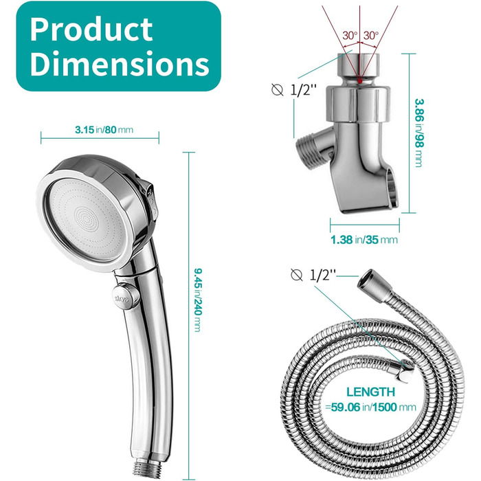 MIAOHUI Modern Handheld Showerhead with On/Off Switch, High-Pressure Showerhead with Handheld, 3 Spray Settings, Detachable Showerhead with Hose, Adjustable Shower Holder (Brushed Nickel) (Chrome)
