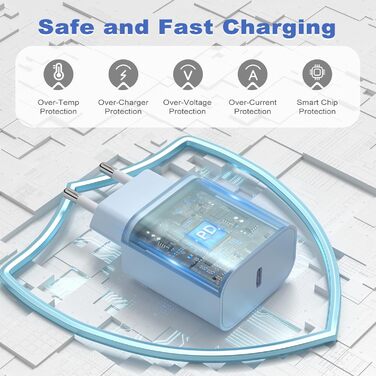 Зарядний пристрій USB-C 20W для iPhone 17/16/15 Pro/Plus, кабель Type-C 2м, PD3.0 - блакитний