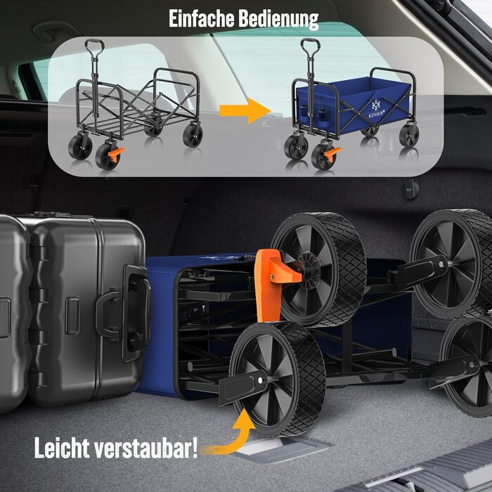 Візок-телега KESSER® складний вантажний, до 150 кг, з PVC колесами 360°, синій/чорний - для саду та транспорту