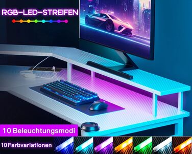 ODK Gaming Table with LED, Gaming Desk with 2 Outlets and 2 USB Charging Ports, PC Table Gaming with a Generous Monitor Stand, Gamer Desk in Carbon Fiber White, 129x129 cm