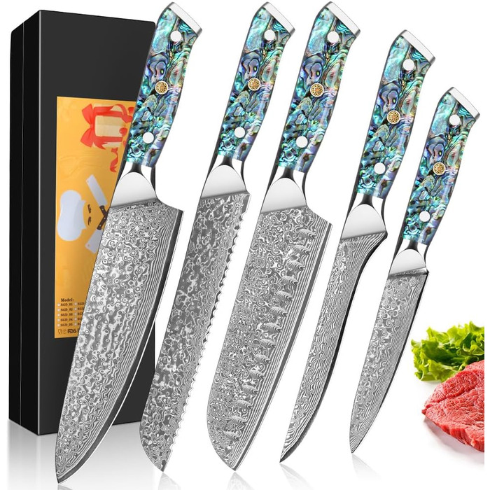 Набір кухонних ножів Damast Santoku 5шт з лезом 18 см (VG-10 сталь, ручка Abalone), подарункова коробка