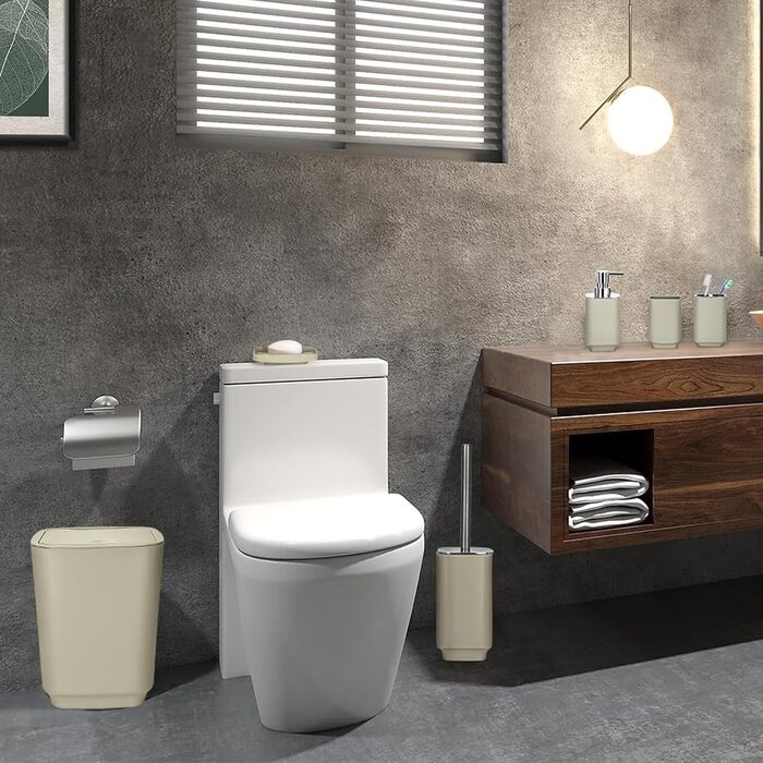 Сучасний набір для ванної кімнати на 6 предметів (білий) з дозатором для мила, тримачем для зубних щіток, мильничкою, щіткою для унітазу, сміттєвим відром та склянкою (кава)