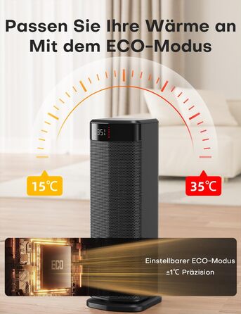Електричний обігрівач QEXREED 2000W з PTC, 4 режими, термостат, осциляція 180°, таймер 24г, пульт, захист від перекидання та перегріву