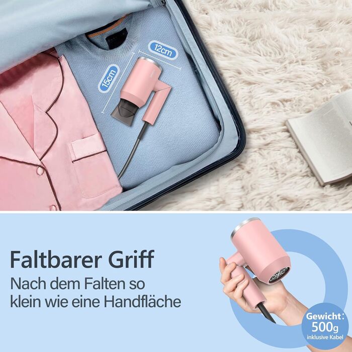 Фен іонний складний DEWILY Profi для подорожей, компактний, тихий, 3 режими нагріву, для сім'ї, сірий/рожевий (з насадкою)