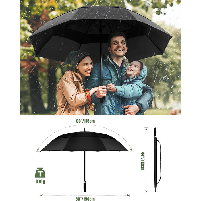 TECKNET Парасолька велика XXL, гольф-парасолька 173 см, штормостійка з подвійною конструкцією, вентильована, з ручкою EVA, для жінок та чоловіків (глибокий чорний, 163 см)