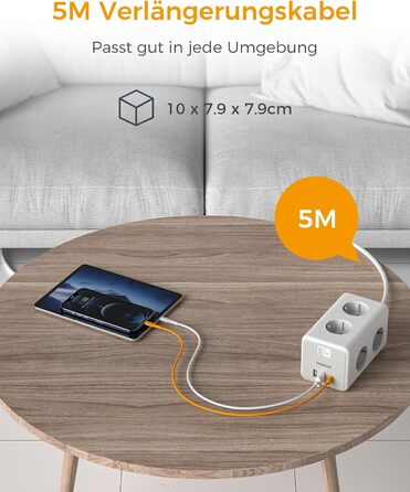 Мережевий фільтр TESSAN 6 розеток з USB-C, 9 в 1, з вимикачем, 2м кабель, для дому та офісу