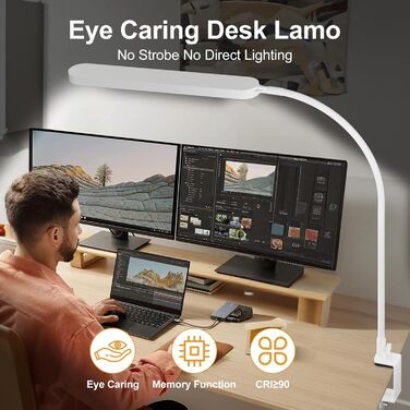 SKYLEO LED Desk Lamp with Adjustable Gooseneck - 80cm Height, 5 Color Modes, 11 Brightness Levels, Timer & Memory Function, 12W, Clamp-On Design