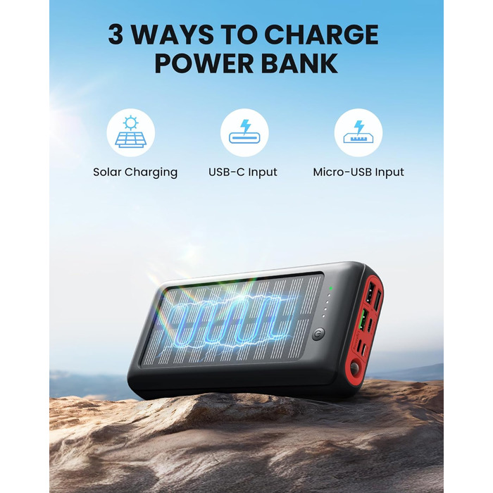 Сонячний Power Bank 27000mAh 22,5W PD20W, USB-C, портативний зарядний пристрій для iPhone 16/15/14/13/12, кемпінг, на вулицю, червоний