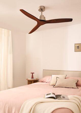 Вентилятор стельовий WINDSTYLANCE з дерева, з підсвіткою, Нікель, Wi-Fi, пульт, 40W, тихий, Ø132 см, 6 швидкостей, таймер, DC-двигун, літньо-зимовий режим, дерев'яні лопаті, без освітлення + вимикач