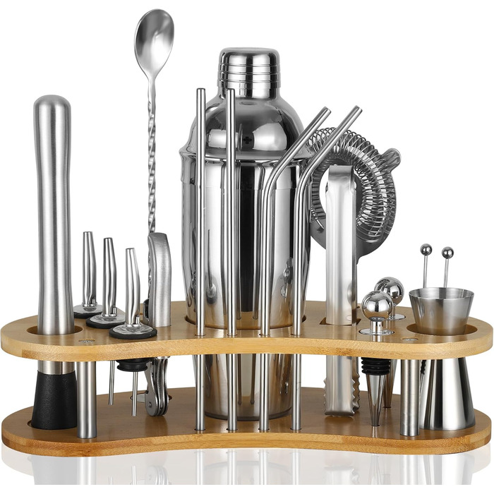Набір для коктейлів 12 шт. з нержавіючої сталі 750 мл з підставкою з бамбука та книгою рецептів, набір шейкерів для коктейлів, подарунок для чоловіків та жінок (домашній бар, вечірка, весілля), сріблястий