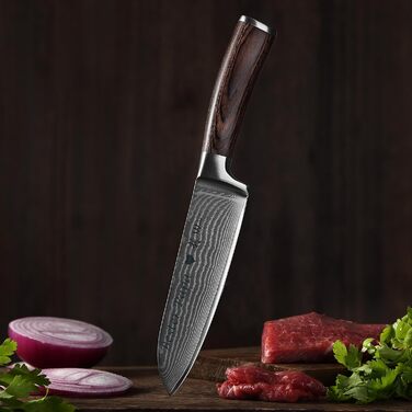 Японський ніж Santoku Wakoli EDIB з дамаської сталі (17 см) з VG10-серцем | Професійний кухонний ніж для приготування їжі | У подарунковій коробці з дерев'яною ручкою Pakkaholz