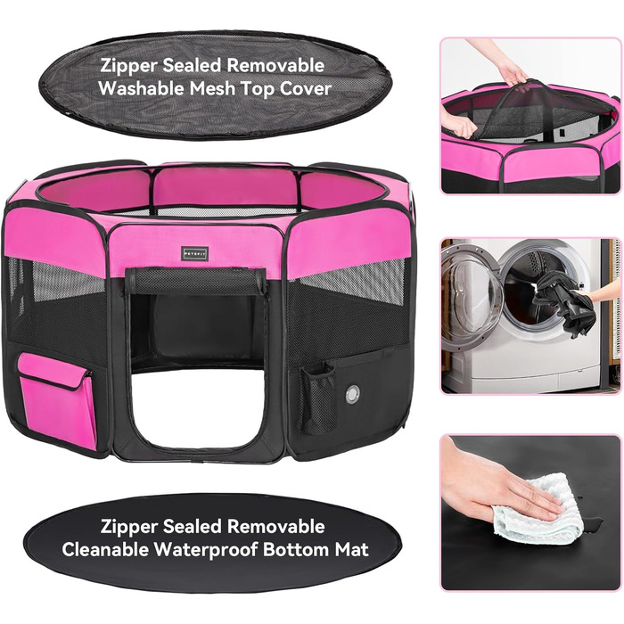 Вольєр для цуценят та дрібних тварин PETSFIT: розкладний, з водонепроникним дном, сірий/зелений (M, Рожево-чорний)