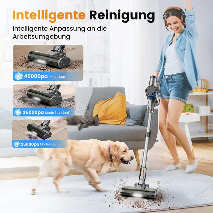 Бездротовий пилосос Dzaki Akku з потужністю 45KPa, без мішка, з дисплеєм, антизаплутана щітка, час роботи 55 хв, знімний акумулятор