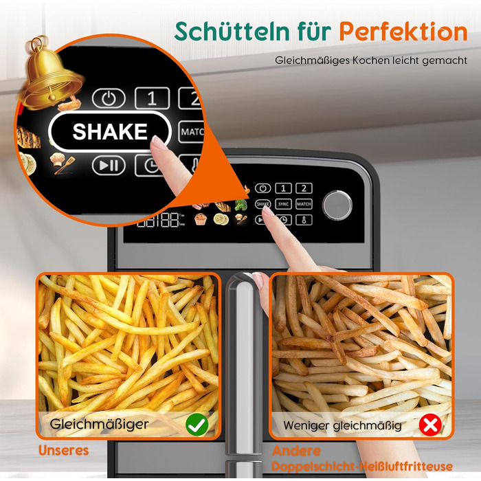 Фритюрниця повітряна подвійна 10L з 2 відсіками | 2400W, 9 програм, таймер, економія енергії, миється в посудомийній машині, сірий колір