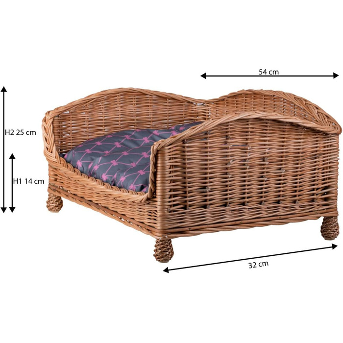 Корзина для собаки/кішки з плетіння лози з м'яким лежаком - сіра, 54x32x25 см