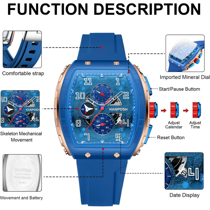 HANPOSH Годинник чоловічий на зап'ясті Аналоговий кварцовий годинник Водонепроникний спортивний годинник Arc Тактичний годинник (Синій, Золотий)