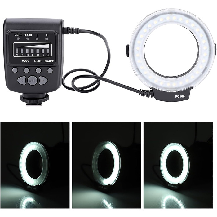 VBESTLIFE FC-100 LED-кільцеве світло для фотостудії, універсальне, 5000K, 7 рівнів регулювання, адаптери 40.5-77 мм