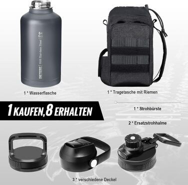 OneTigris Stainless Steel Water Bottle, 1.9L High Capacity, Insulated Sports Bottle for Cycling, Camping, Yoga, Gym, Softair, OD Green, 64oz (Gray)