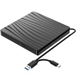 Зовнішній DVD-накопичувач USB 3.0 та Type-C, портативний CD/DVD +/-RW записувач для ноутбука, ПК, MacBook, iMac (Windows, macOS, Linux), чорний