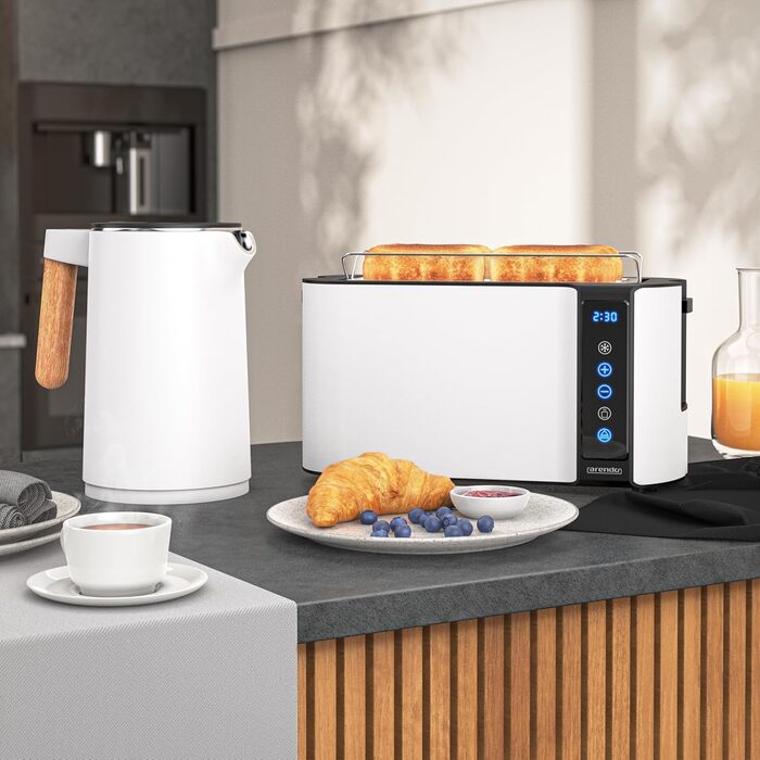 Набір Arendo: чайник з регулюванням температури та тостер на 4 скибочки з підігрівом для бутербродів - нержавіюча сталь, білий матовий