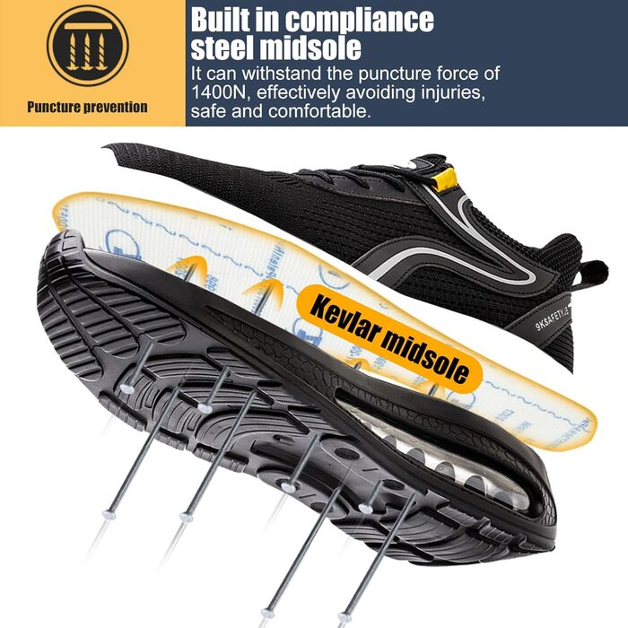 Черевики безпеки робочі чоловічі та жіночі S3, легкі, зі сталевим підноском, неслизькі, дихаючі, спортивні, робочі кеди (39 EU, чорний сріблястий)