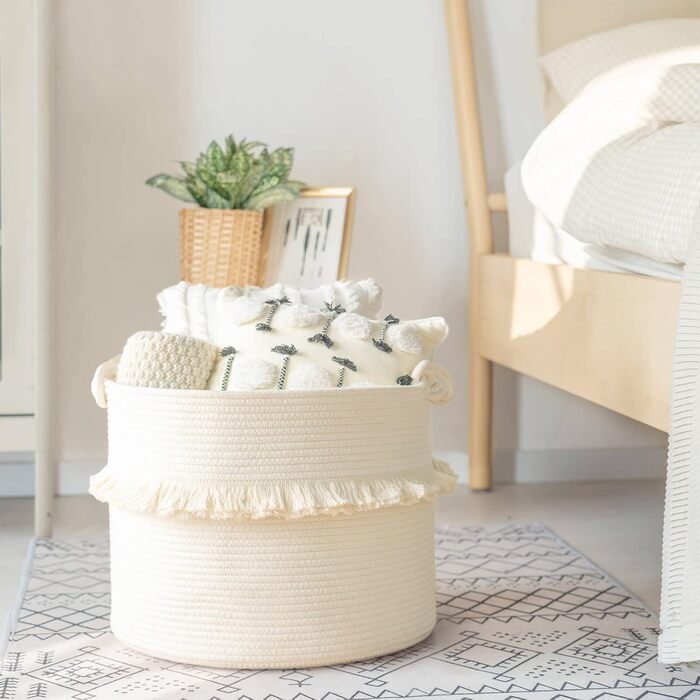 CherryNow Large Woven Storage Baskets – 40.6 x 33 cm Cotton Rope, Decorative Basket for Kids' Rooms, Toys, Blankets, and Laundry, Cute Tassel, Kids Room Decoration