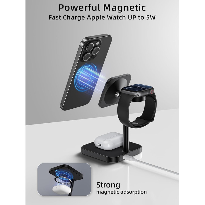 Станція зарядки LULULOOK Qi2 MagSafe 3-в-1 з алюмінію для Apple Watch та iPhone, 15W швидка зарядка для iPhone 17 Pro Max/17 Pro/17 Air/17, 5W для Apple Watch Ultra, AirPods, Титан (Чорний)