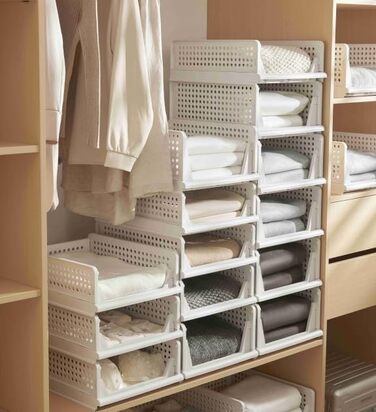 RMAN 8-Piece Stackable Folding Closet Storage Boxes, Closet Organizer Drawers, Plastic Storage Crates for Home, Bedroom, Kitchen - White