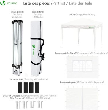 VOUNOT® Pavilion 3x3m with 4 Side Walls & 4 Sandbags, Pop-Up Folding Pavilion, Folding Garden Tent Party Tent, including Bag, Grey (White + 4 Side Walls)