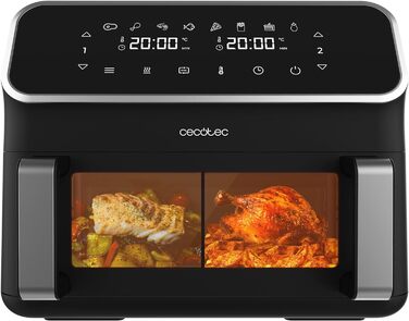 Cecotec Digital Hot Air Fryer 9L with Window - Air Fryer Cecofry Panoramic 9000. 2700W, movable divider, dual temperature, temperature from 80-200 ºC, 8 modes, multifunctional touch panel Black | Window 1 Basket 9 Liters + Divider | 12 Modes