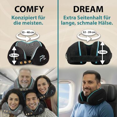 Подушка для шиї FLOWZOOM Dream Pro з додатковою бічною підтримкою та регульованим кріпленням на липучці - подушка для подорожей у літак з піною з пам'яті - з чохлом та подарунковою упаковкою - Чорний