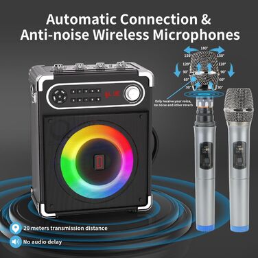 Караоке-система з 2 бездротовими мікрофонами, Bluetooth 5.3, LED-підсвітка, регулятор басів/високих, пульт ДК, FM/AUX/USB/TF, чорний