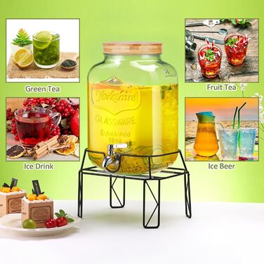 Скляний диспенсер для напоїв 7.6L зі стійкою, з нержавіючою сталею та бамбуковим кришками, для вечірок та свят