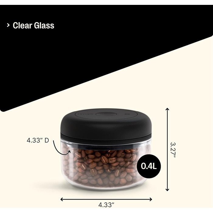 Fellow vacuum storage containers for coffee and food, integrated vacuum pump, airtight seal, 0.4 liters, clean glass