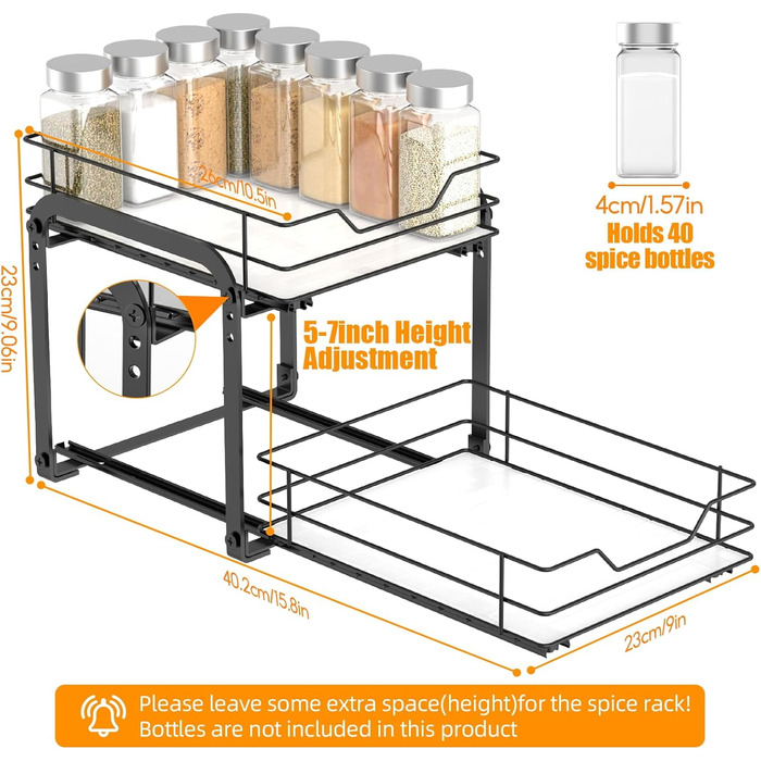 Висувна полиця для спецій на 2 яруси, регульована висота, органайзер для кухонної шафи. Висувна полиця для спецій з наклейками для кухні та робочої поверхні, розмір 26x23x23 см